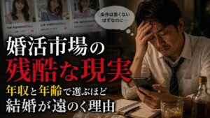 婚活市場の厳しい現実に悩む男性がスマホを見つめるアイキャッチ画像。年収と年齢で相手を選ぶほど結婚が遠のく理由を表現。
