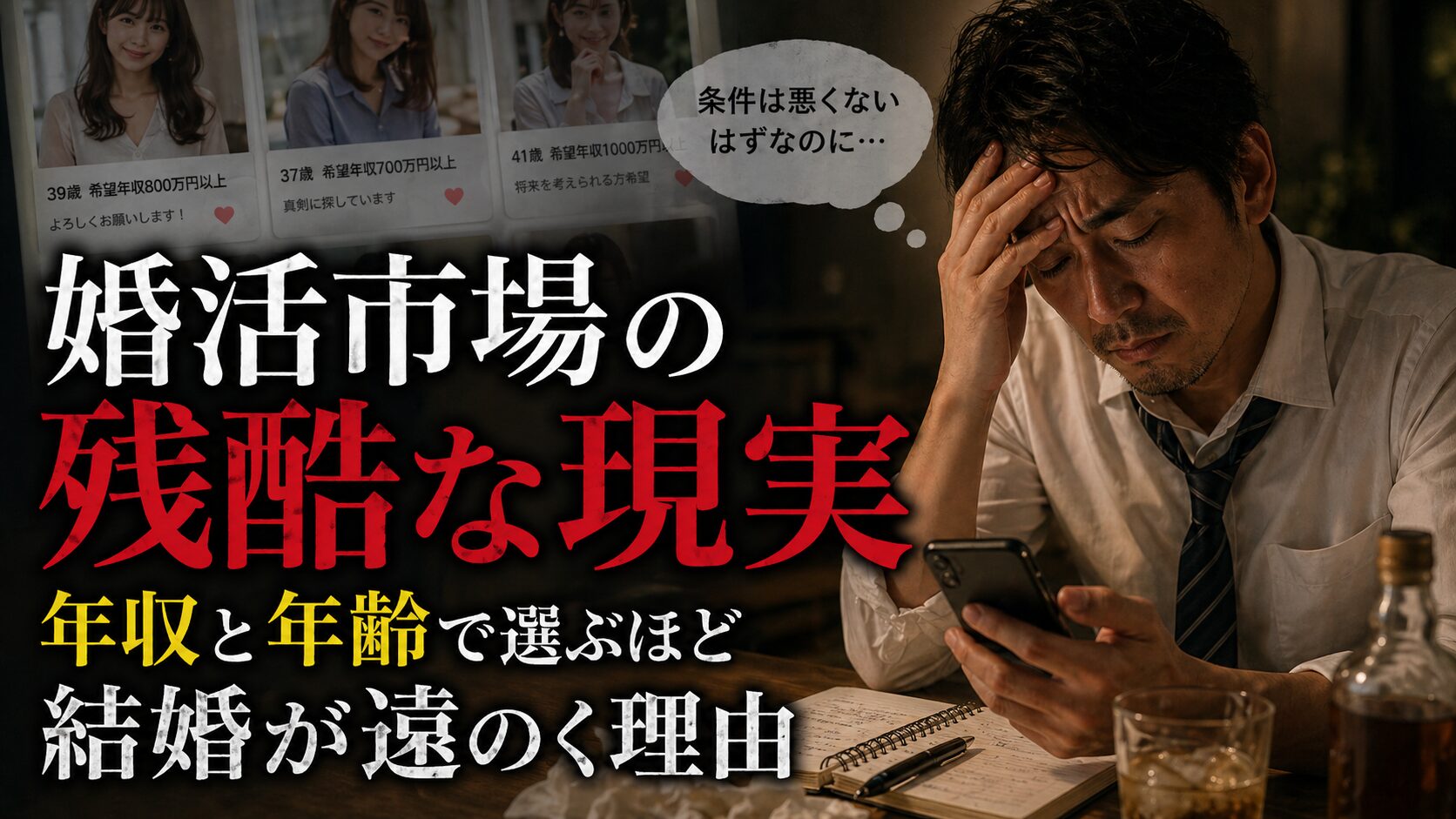 婚活市場の厳しい現実に悩む男性がスマホを見つめるアイキャッチ画像。年収と年齢で相手を選ぶほど結婚が遠のく理由を表現。
