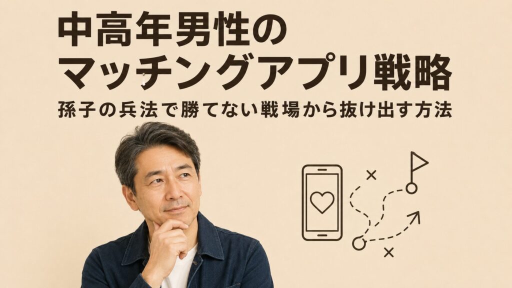 中高年男性のマッチングアプリ戦略をテーマにしたアイキャッチ画像。考える表情の中高年男性と、スマホのハートマーク、作戦図風のイラストを背景に、孫子の兵法で勝てない戦場から抜け出す方法という見出しが入っている