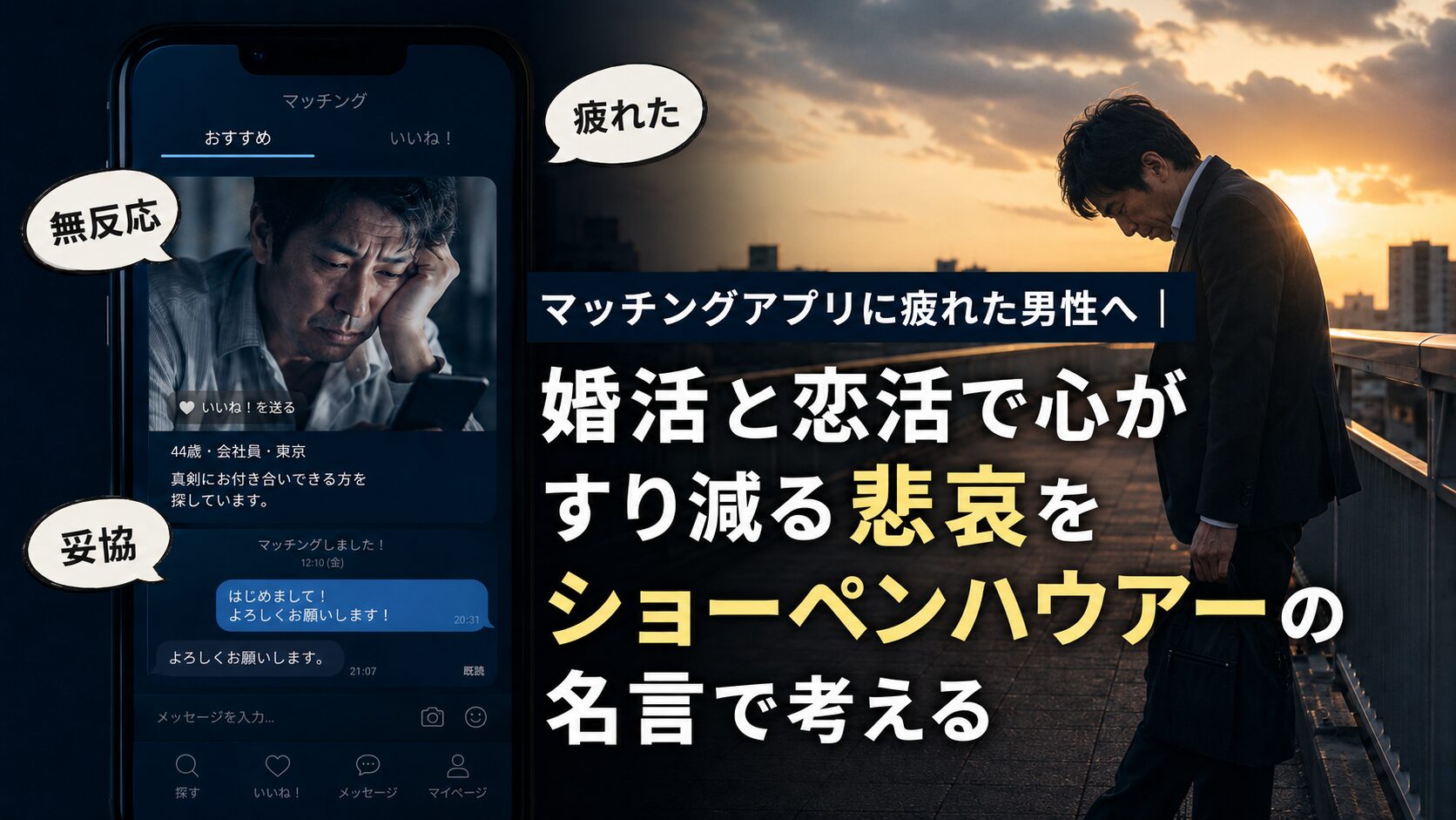 マッチングアプリで疲れた中高年男性がスマホを見つめながら孤独を感じる様子を描いたブログ用アイキャッチ画像。夕暮れの歩道橋でうつむく男性と、無反応や疲れた気持ちを表すマッチングアプリ画面が対比された哀愁あるデザイン。