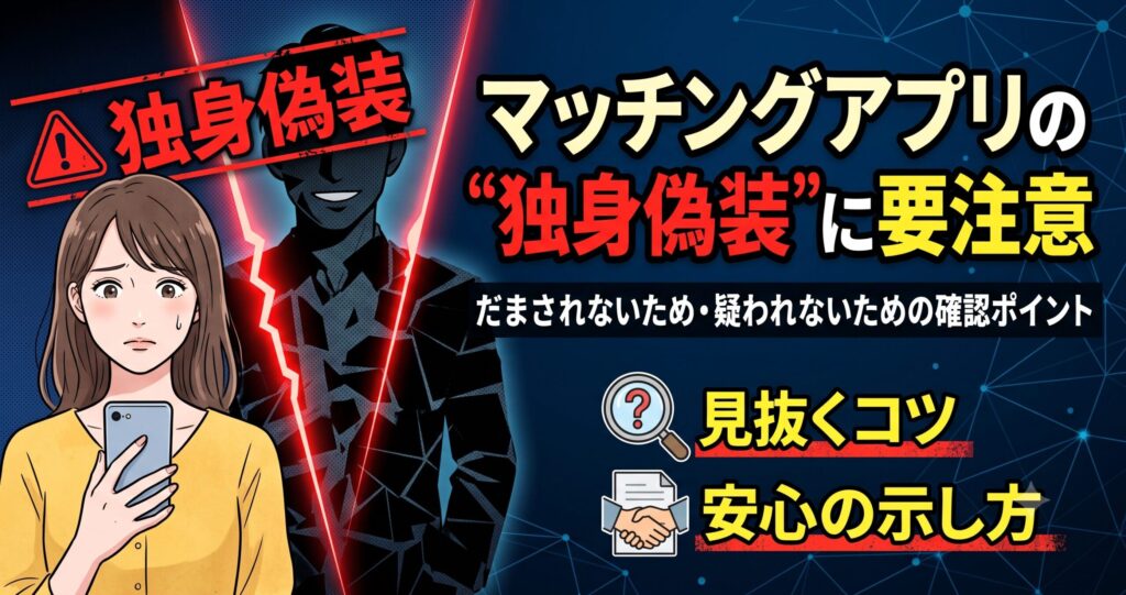 マッチングアプリの独身偽装に要注意:だまされないため・疑われないための確認ポイント。スマートフォンを見て不安な表情を浮かべる女性と、背景に浮かび上がる影のある男性のシルエットを描いたアイキャッチ画像。