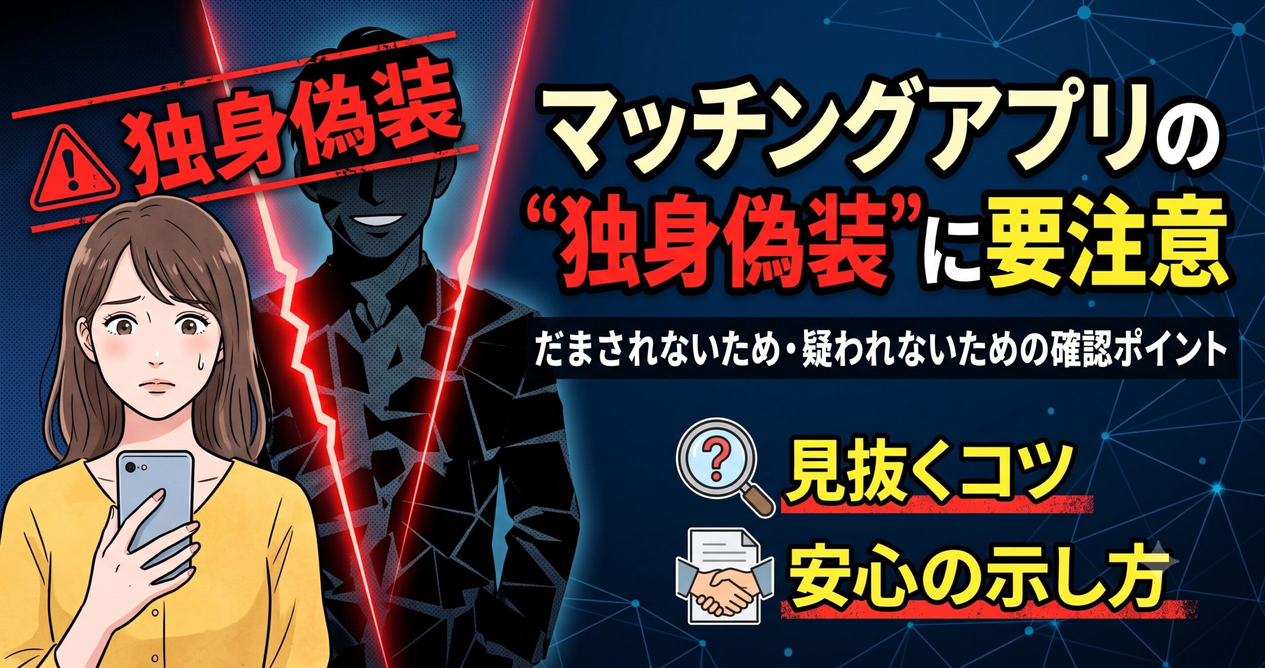 マッチングアプリの独身偽装に要注意：だまされないため・疑われないための確認ポイント。スマートフォンを見て不安な表情を浮かべる女性と、背景に浮かび上がる影のある男性のシルエットを描いたアイキャッチ画像。