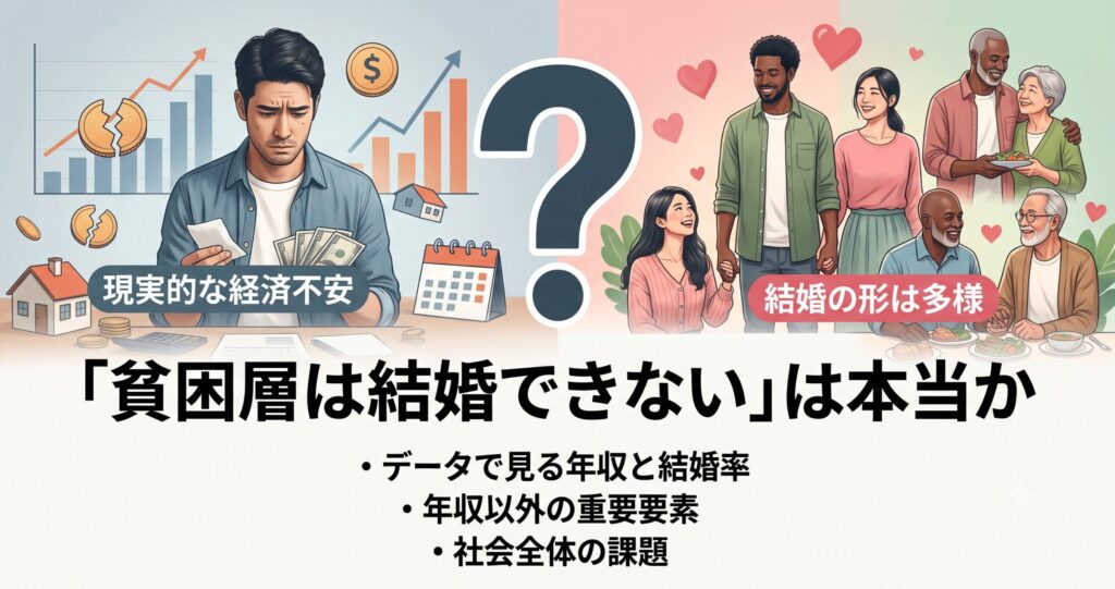 「貧困層は結婚できない」は本当か。経済的不安を抱える男性と、多様な幸せの形を持つカップルを対比させたアイキャッチ画像。データで見る年収と結婚率、年収以外の重要要素、社会全体の課題について、グラフやハートのイラスト、巨大なクエスチョンマークを交えて解説。