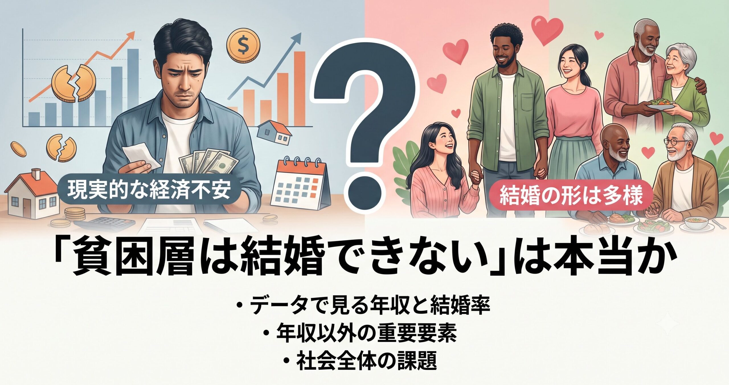 「貧困層は結婚できない」は本当か。経済的不安を抱える男性と、多様な幸せの形を持つカップルを対比させたアイキャッチ画像。データで見る年収と結婚率、年収以外の重要要素、社会全体の課題について、グラフやハートのイラスト、巨大なクエスチョンマークを交えて解説。