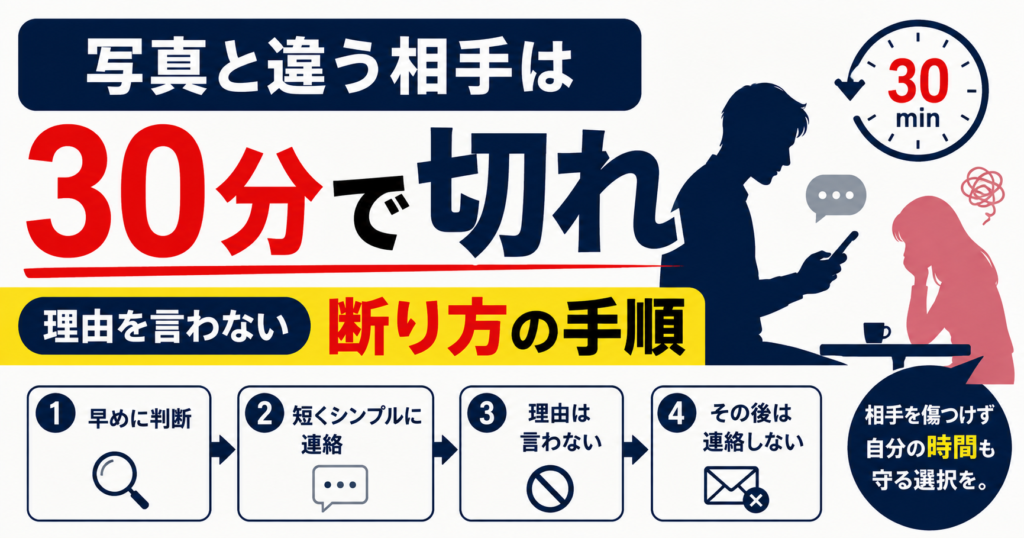 写真と違う相手は30分で切れをテーマに、マッチングアプリで出会った女性へ男性が断りの連絡を入れる手順を示したイメージ画像