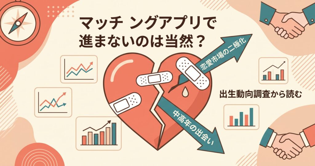 「『マッチングアプリで進まないのは当然? 出生動向調査から読む「恋愛市場の二極化」と中高年の出会い』。割れたハートとグラフで、課題と新たな可能性を表現したアイキャッチ画像。」
