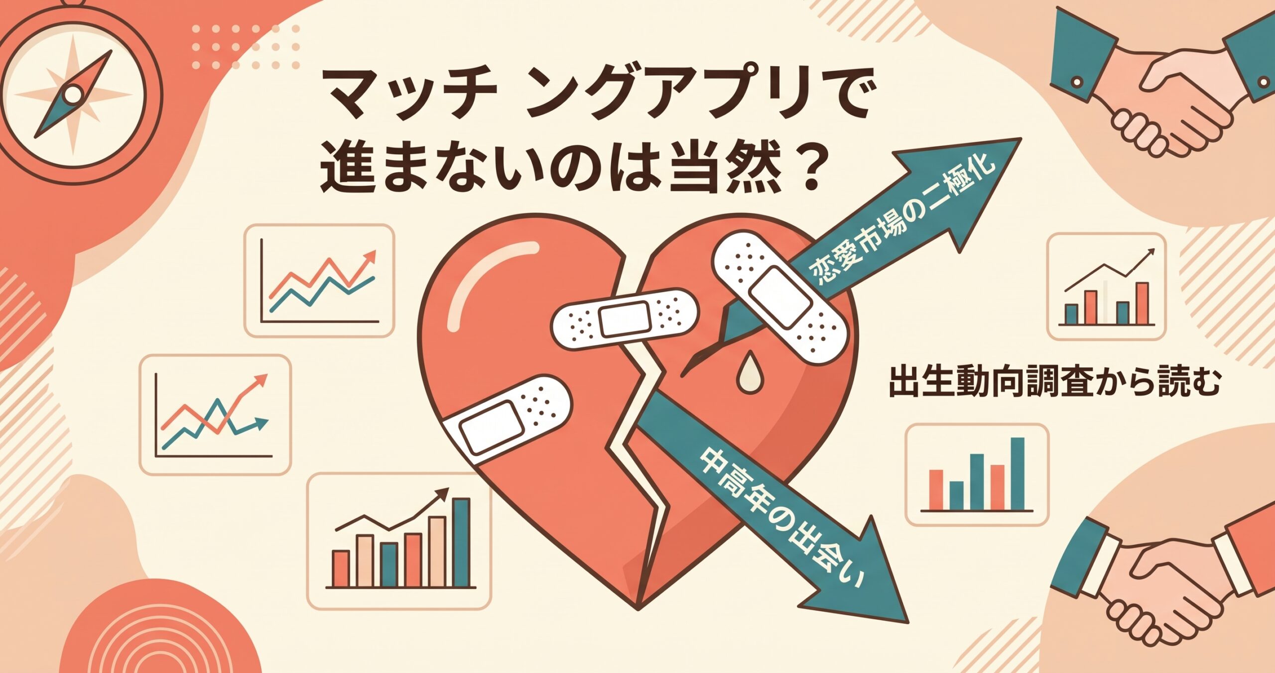 「『マッチングアプリで進まないのは当然？ 出生動向調査から読む「恋愛市場の二極化」と中高年の出会い』。割れたハートとグラフで、課題と新たな可能性を表現したアイキャッチ画像。」