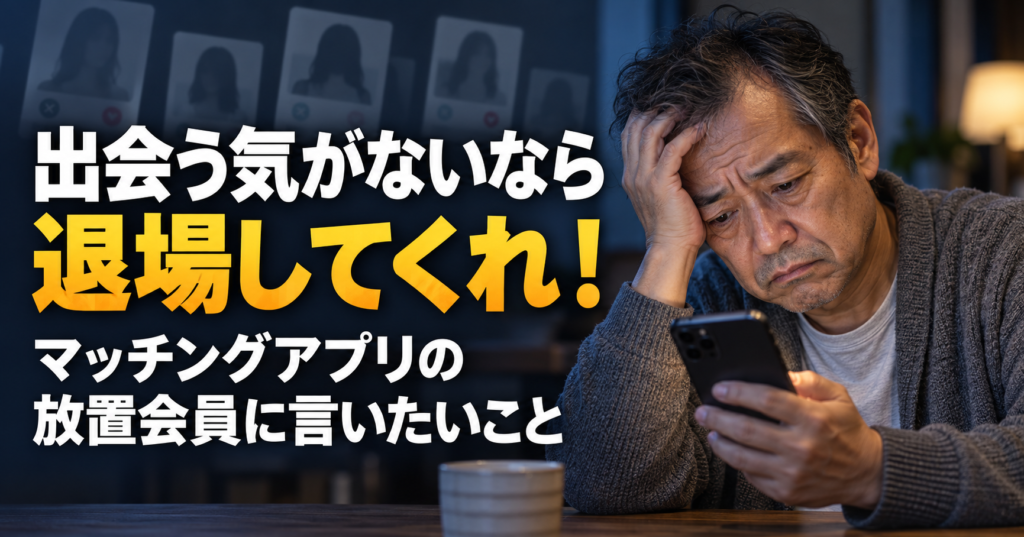 スマートフォンを見て失望する中高年男性と、出会う気がないなら退場してくれ！マッチングアプリの放置会員に言いたいことの文字